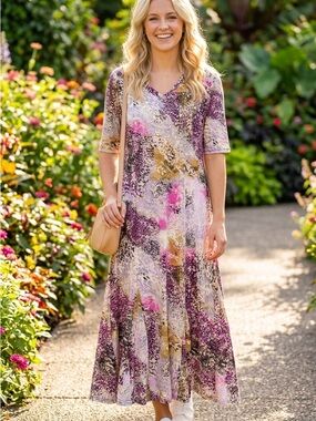 knee length dresses for ladies Attitudes by Renee Regular Reversible Como Jersey Maxi Dress Forest Shadows / L main image 1